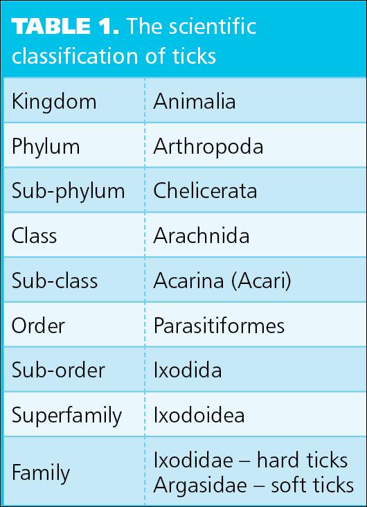 Table 1. The scientific classification of ticks Ticks are obligate blood-feeding ectoparasites that can parasitise a variety of mammals, birds, reptiles and amphibians.