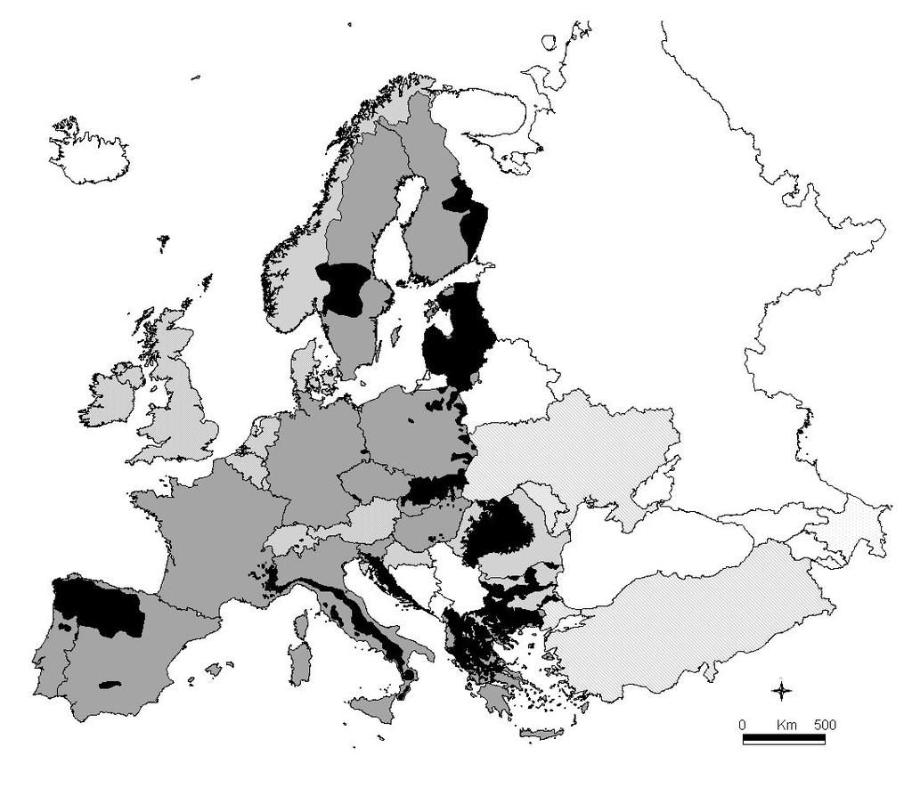 T-PVS/Inf (2005) 16-4 - Current wolf distribution in Europe, indicated by the black areas. Legend Countries with recorded wolf presence, not included in the EU, that have ratified the Bern Convention.