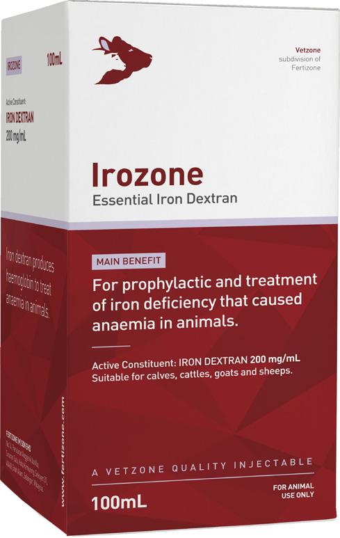 Essential Iron Dextran Packing: 100mL Code: VZI015 Irozone Iron dextran is essential to produce adequate levels of haemoglobin to prevent anemia that causes weakness in animals.