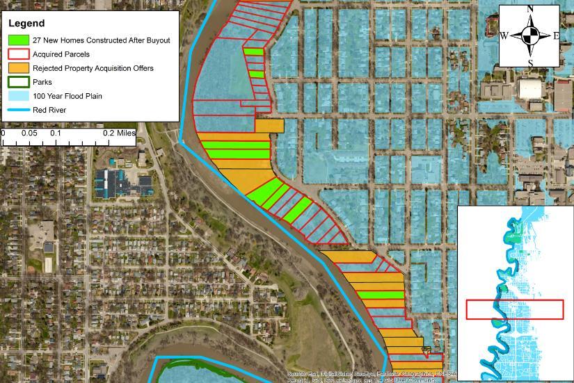 Parcels highlighted in orange indicate where property owners rejected an offer to participate in the buyout, while those marked in green indicate where new homes were constructed, 27 in all, in the