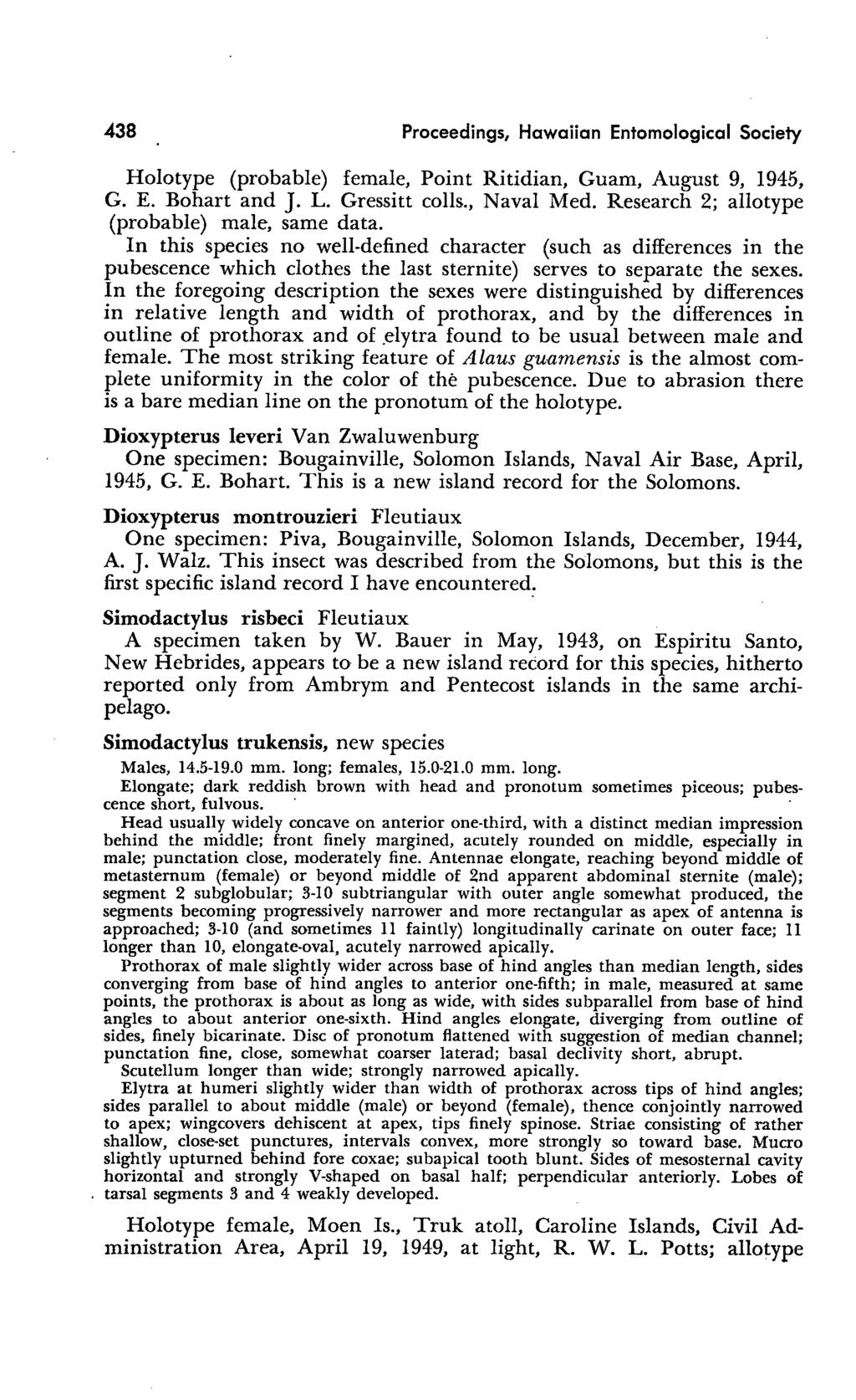 438 Proceedings, Hawaiian Entomological Society Holotype (probable) female, Point Ritidian, Guam, August 9, 1945, G. E. Bohart and J. L. Gressitt colls., Naval Med.