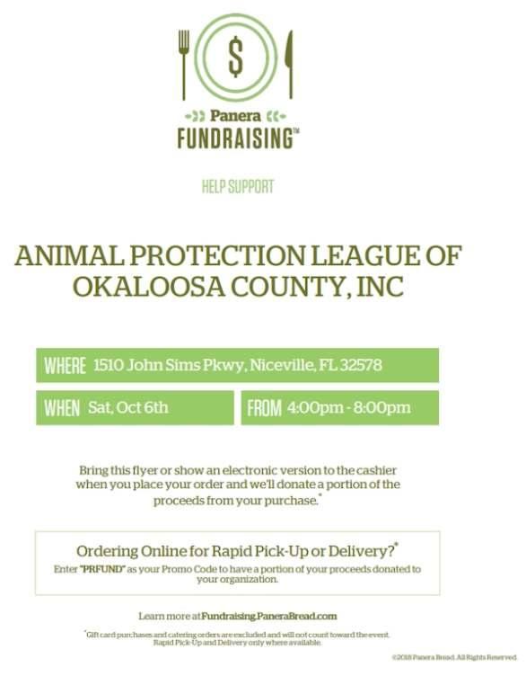 Saturday, Oct 6th from 4-8pm Panera in Niceville is donating 20% of all sales to the APL during this special event.