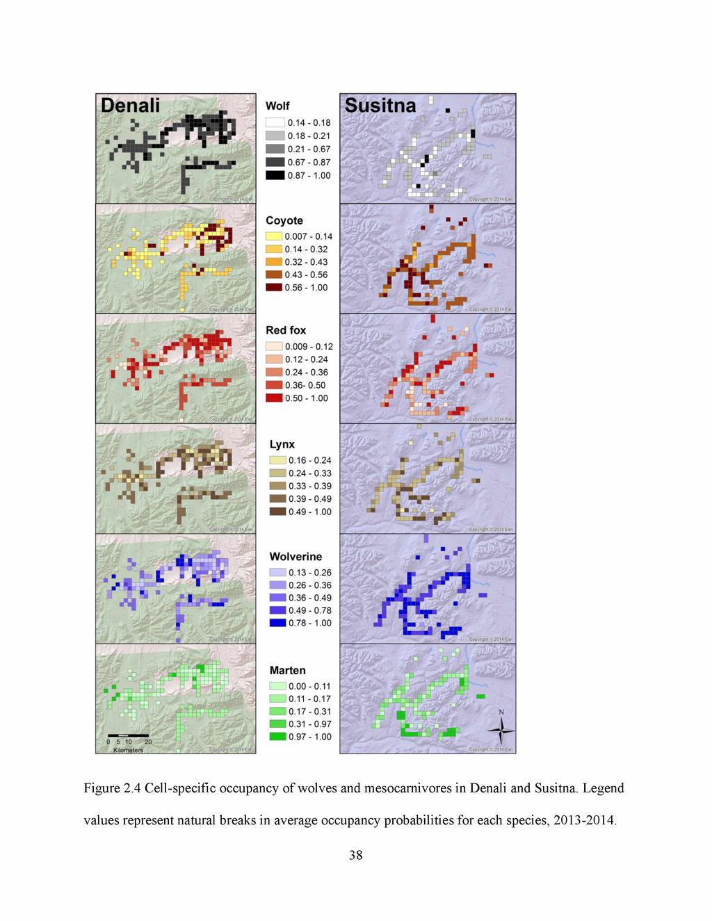 Figure 2.4 Cell-specific occupancy of wolves and mesocarnivores in Denali and Susitna.