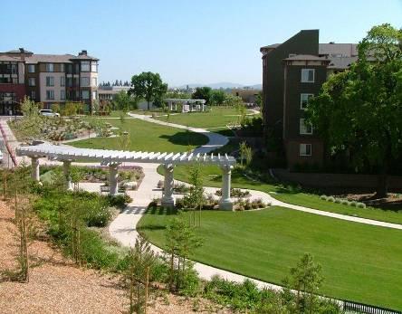 Alma Park is a passive park that features rolling lawn, benches,